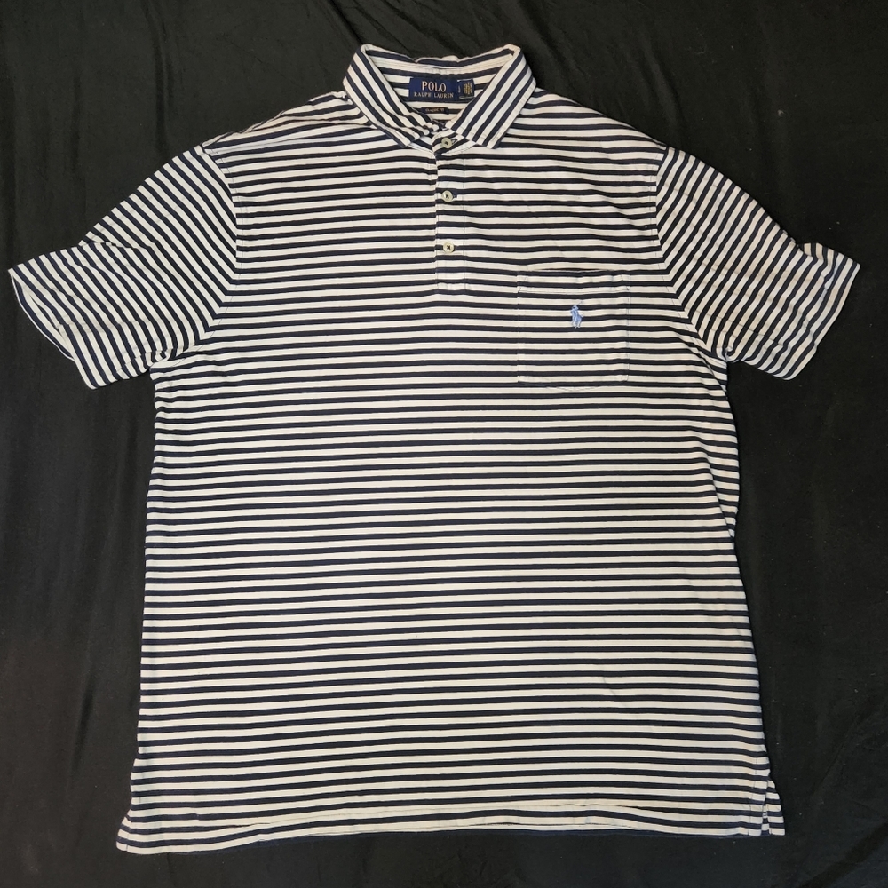 Men's Ralph Lauren Polo Shirt Short Sleeve White with Black Stripes Size Large